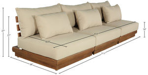Meridian Furniture Mirella Solid Teak Frame Outdoor Modular Sofa with Plush Water Resistant Cushions for Patio Tan 3pc. 111" W - A 111Tan-S3B
