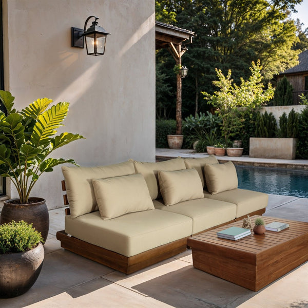 Meridian Furniture Mirella Solid Teak Frame Outdoor Modular Sofa with Plush Water Resistant Cushions for Patio Tan 3pc. 111" W - A 111Tan-S3B