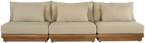 Meridian Furniture Mirella Solid Teak Frame Outdoor Modular Sofa with Plush Water Resistant Cushions for Patio Tan 3pc. 111" W - A 111Tan-S3B