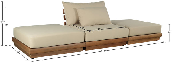Meridian Furniture Mirella Solid Teak Frame Outdoor Modular Sofa with Plush Water Resistant Cushions for Patio Tan 3pc. 111" W - B 111Tan-S3C