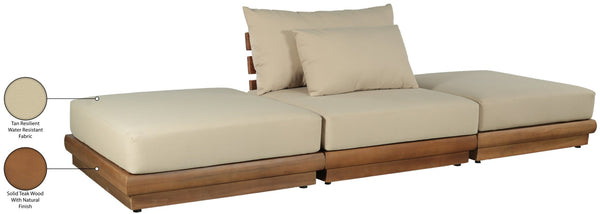 Meridian Furniture Mirella Solid Teak Frame Outdoor Modular Sofa with Plush Water Resistant Cushions for Patio Tan 3pc. 111" W - B 111Tan-S3C