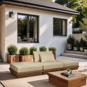 Meridian Furniture Mirella Solid Teak Frame Outdoor Modular Sofa with Plush Water Resistant Cushions for Patio Tan 3pc. 111" W - B 111Tan-S3C