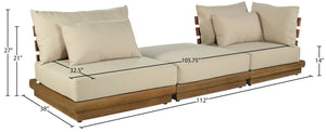 Meridian Furniture Mirella Solid Teak Frame Outdoor Modular Sofa with Plush Water Resistant Cushions for Patio Tan 3pc. 112" W 111Tan-S3D