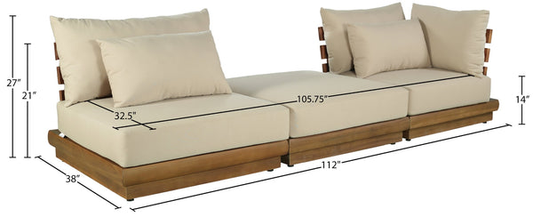 Meridian Furniture Mirella Solid Teak Frame Outdoor Modular Sofa with Plush Water Resistant Cushions for Patio Tan 3pc. 112" W 111Tan-S3D