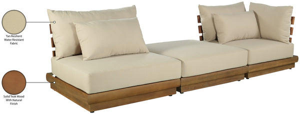Meridian Furniture Mirella Solid Teak Frame Outdoor Modular Sofa with Plush Water Resistant Cushions for Patio Tan 3pc. 112" W 111Tan-S3D