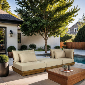 Meridian Furniture Mirella Solid Teak Frame Outdoor Modular Sofa with Plush Water Resistant Cushions for Patio Tan 3pc. 112" W 111Tan-S3D