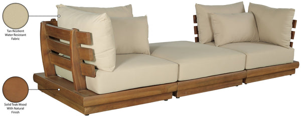 Meridian Furniture Mirella Solid Teak Frame Outdoor Modular Sofa with Plush Water Resistant Cushions for Patio Tan 3pc. 113" W - B 111Tan-S3E