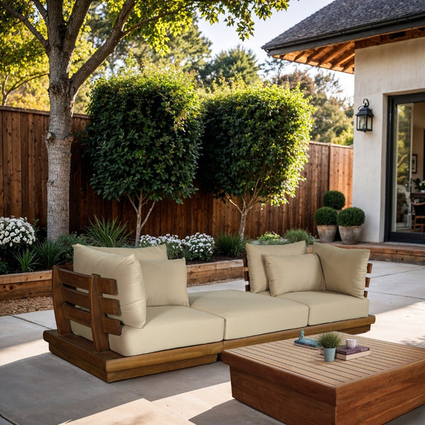 Meridian Furniture Mirella Solid Teak Frame Outdoor Modular Sofa with Plush Water Resistant Cushions for Patio Tan 3pc. 113" W - B 111Tan-S3E