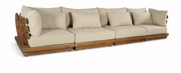Meridian Furniture Mirella Solid Teak Frame Outdoor Modular Sofa with Plush Water Resistant Cushions for Patio Tan 4pc. 150" W 111Tan-S4A