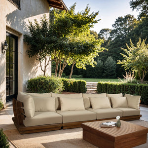 Meridian Furniture Mirella Solid Teak Frame Outdoor Modular Sofa with Plush Water Resistant Cushions for Patio Tan 4pc. 150" W 111Tan-S4A