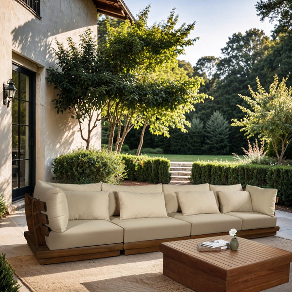 Meridian Furniture Mirella Solid Teak Frame Outdoor Modular Sofa with Plush Water Resistant Cushions for Patio Tan 4pc. 150" W 111Tan-S4A