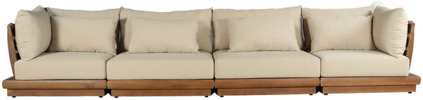 Meridian Furniture Mirella Solid Teak Frame Outdoor Modular Sofa with Plush Water Resistant Cushions for Patio Tan 4pc. 150" W 111Tan-S4A