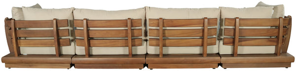 Meridian Furniture Mirella Solid Teak Frame Outdoor Modular Sofa with Plush Water Resistant Cushions for Patio Tan 4pc. 150" W 111Tan-S4A