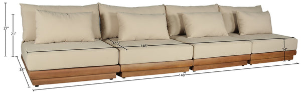 Meridian Furniture Mirella Solid Teak Frame Outdoor Modular Sofa with Plush Water Resistant Cushions for Patio Tan 4pc. 148" W - A 111Tan-S4B