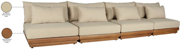 Meridian Furniture Mirella Solid Teak Frame Outdoor Modular Sofa with Plush Water Resistant Cushions for Patio Tan 4pc. 148" W - A 111Tan-S4B