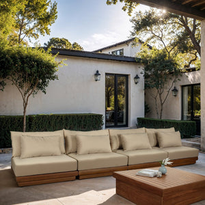 Meridian Furniture Mirella Solid Teak Frame Outdoor Modular Sofa with Plush Water Resistant Cushions for Patio Tan 4pc. 148" W - A 111Tan-S4B