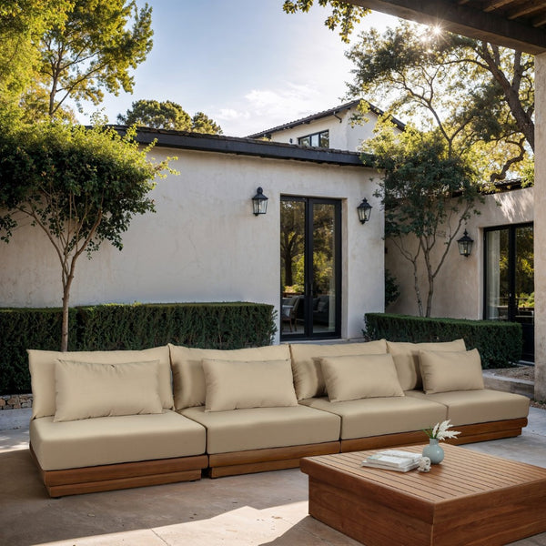 Meridian Furniture Mirella Solid Teak Frame Outdoor Modular Sofa with Plush Water Resistant Cushions for Patio Tan 4pc. 148" W - A 111Tan-S4B