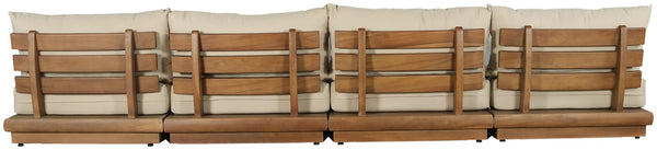 Meridian Furniture Mirella Solid Teak Frame Outdoor Modular Sofa with Plush Water Resistant Cushions for Patio Tan 4pc. 148" W - A 111Tan-S4B