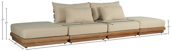 Meridian Furniture Mirella Solid Teak Frame Outdoor Modular Sofa with Plush Water Resistant Cushions for Patio Tan 4pc. 148" W - B 111Tan-S4C
