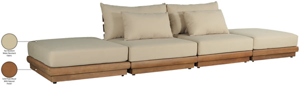 Meridian Furniture Mirella Solid Teak Frame Outdoor Modular Sofa with Plush Water Resistant Cushions for Patio Tan 4pc. 148" W - B 111Tan-S4C