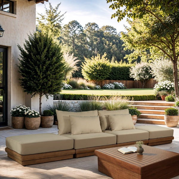 Meridian Furniture Mirella Solid Teak Frame Outdoor Modular Sofa with Plush Water Resistant Cushions for Patio Tan 4pc. 148" W - B 111Tan-S4C