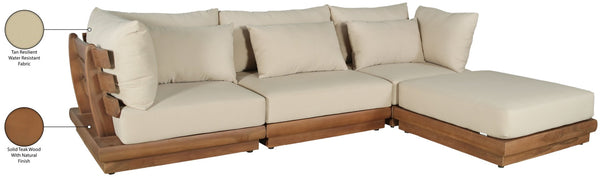 Meridian Furniture Mirella 4 Piece Teak Outdoor Modular Sectional with Water Resistant Cushions 111Tan-Sec4A