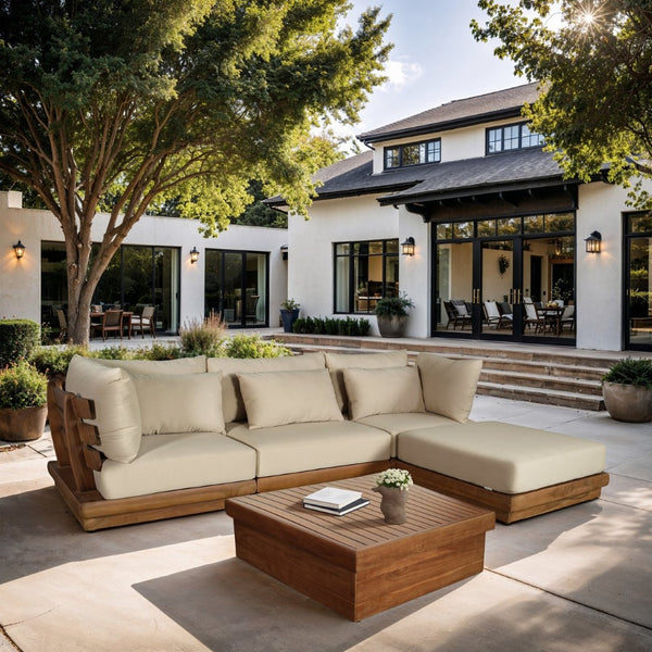 Meridian Furniture Mirella 4 Piece Teak Outdoor Modular Sectional with Water Resistant Cushions 111Tan-Sec4A