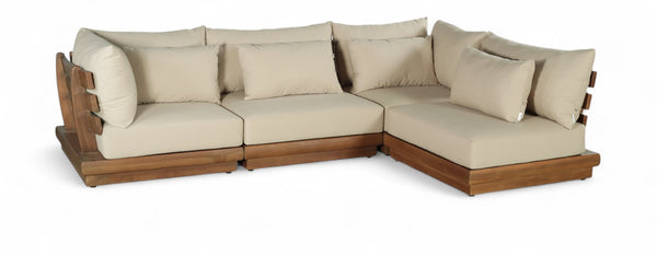 Meridian Furniture Mirella Solid Teak 4 Piece Modular Outdoor Sectional with Water Resistant Cushions 111Tan-Sec4B