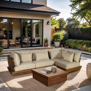 Meridian Furniture Mirella Solid Teak 4 Piece Modular Outdoor Sectional with Water Resistant Cushions 111Tan-Sec4B