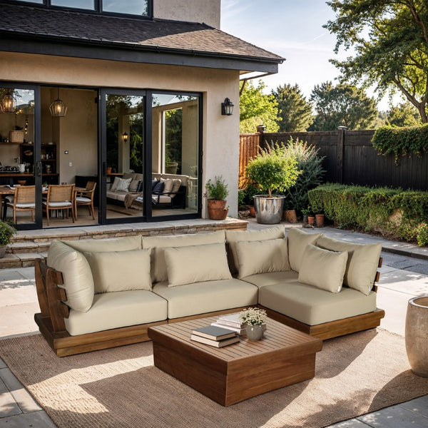 Meridian Furniture Mirella Solid Teak 4 Piece Modular Outdoor Sectional with Water Resistant Cushions 111Tan-Sec4B