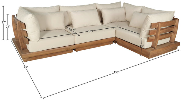 Meridian Furniture Mirella Teak Frame Outdoor Modular Sectional with Water Resistant Cushioned Seating 111Tan-Sec4C