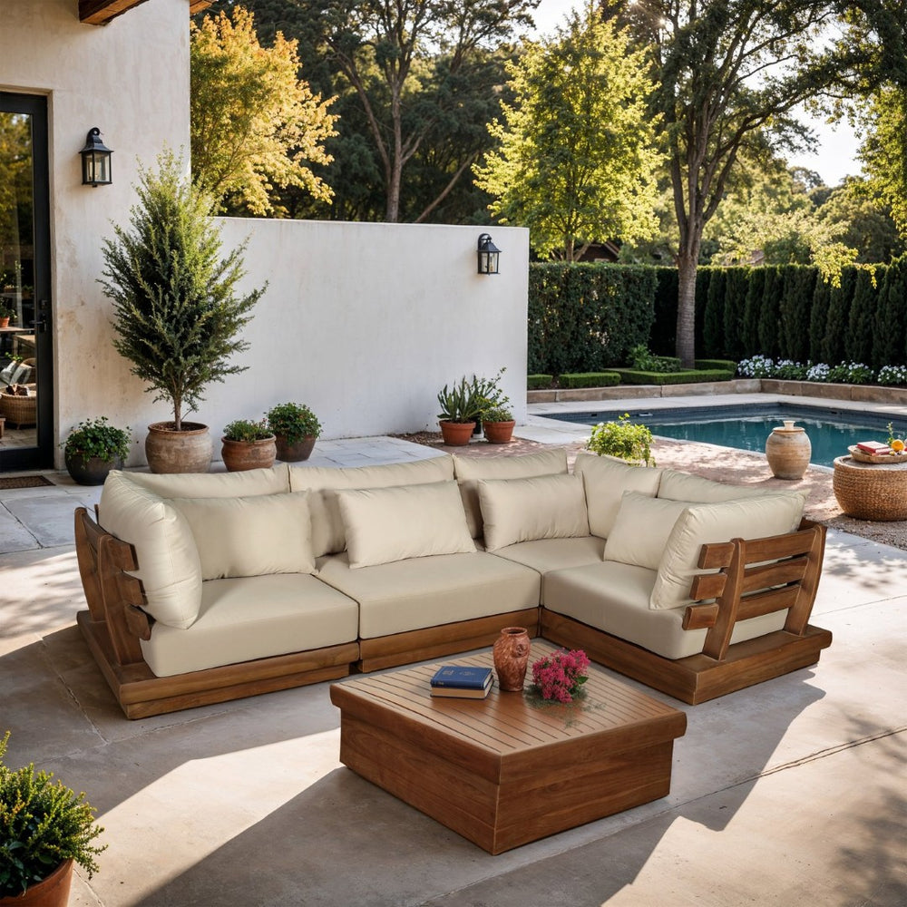 Meridian Furniture Mirella Teak Frame Outdoor Modular Sectional with Water Resistant Cushioned Seating 111Tan-Sec4C