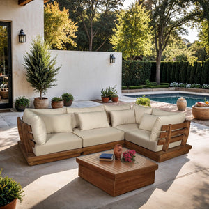 Meridian Furniture Mirella Teak Frame Outdoor Modular Sectional with Water Resistant Cushioned Seating 111Tan-Sec4C