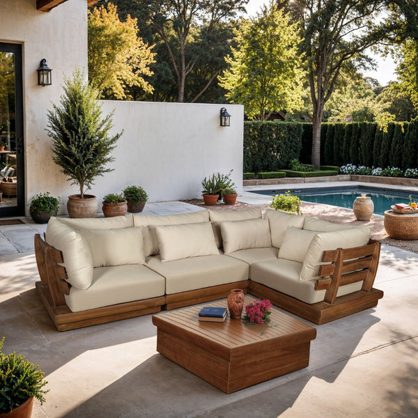 Meridian Furniture Mirella Teak Frame Outdoor Modular Sectional with Water Resistant Cushioned Seating 111Tan-Sec4C