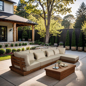 Meridian Furniture Mirella Five Piece Teak Framed Outdoor Modular Sectional with Water Resistant Cushions 111Tan-Sec5A