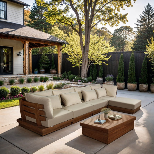 Meridian Furniture Mirella Five Piece Teak Framed Outdoor Modular Sectional with Water Resistant Cushions 111Tan-Sec5A