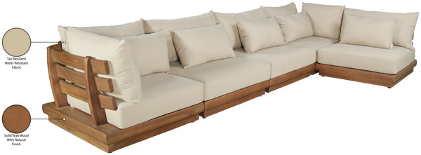 Meridian Furniture Mirella Five Piece Outdoor Modular Sectional Teak Frame Water Resistant Tan Fabric 111Tan-Sec5B