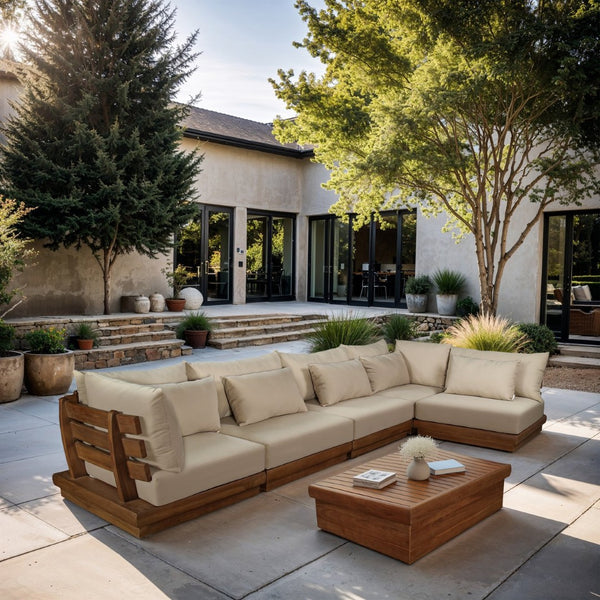 Meridian Furniture Mirella Five Piece Outdoor Modular Sectional Teak Frame Water Resistant Tan Fabric 111Tan-Sec5B