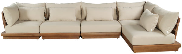 Meridian Furniture Mirella Five Piece Outdoor Modular Sectional Teak Frame Water Resistant Tan Fabric 111Tan-Sec5B