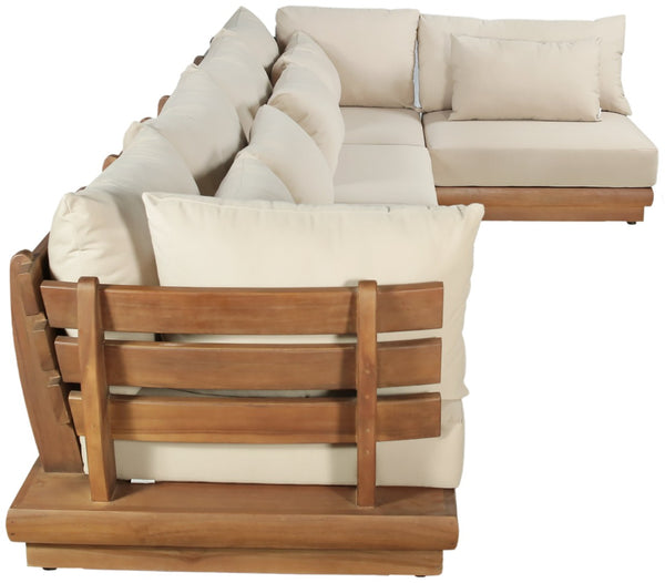 Meridian Furniture Mirella Five Piece Outdoor Modular Sectional Teak Frame Water Resistant Tan Fabric 111Tan-Sec5B