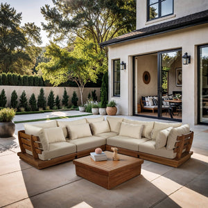 Meridian Furniture Mirella Five Piece Outdoor Modular Sectional Solid Teak Frame Resort Patio Seating 111Tan-Sec5C