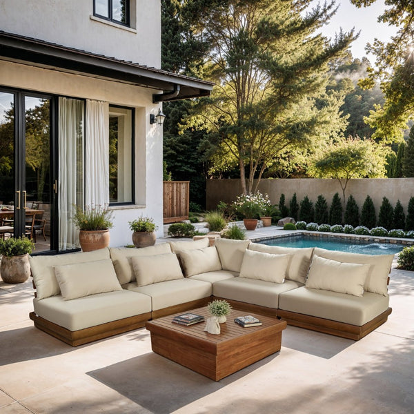 Meridian Furniture Mirella Solid Teak 5 Piece Modular Outdoor Sectional with Water Resistant Cushions 111Tan-Sec5D