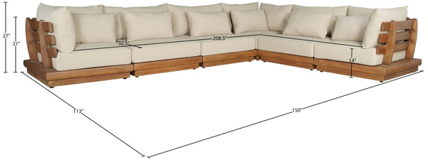 Meridian Furniture Mirella Outdoor 6 Piece Modular Sectional Solid Teak Frame Water Resistant Tan Fabric 111Tan-Sec6A