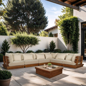 Meridian Furniture Mirella Outdoor 6 Piece Modular Sectional Solid Teak Frame Water Resistant Tan Fabric 111Tan-Sec6A