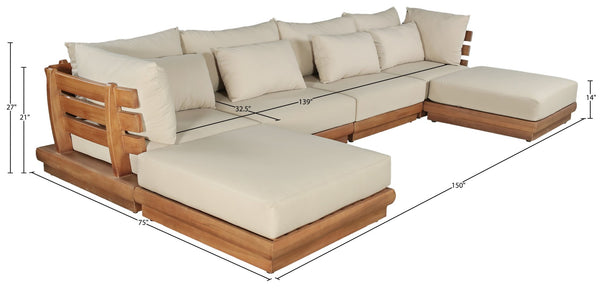 Meridian Furniture Mirella Six Piece Modular Outdoor Sectional with Solid Teak Frame and Plush Cushions 111Tan-Sec6B