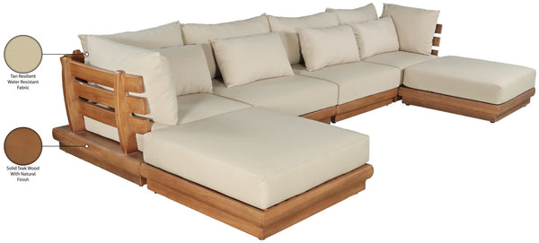 Meridian Furniture Mirella Six Piece Modular Outdoor Sectional with Solid Teak Frame and Plush Cushions 111Tan-Sec6B