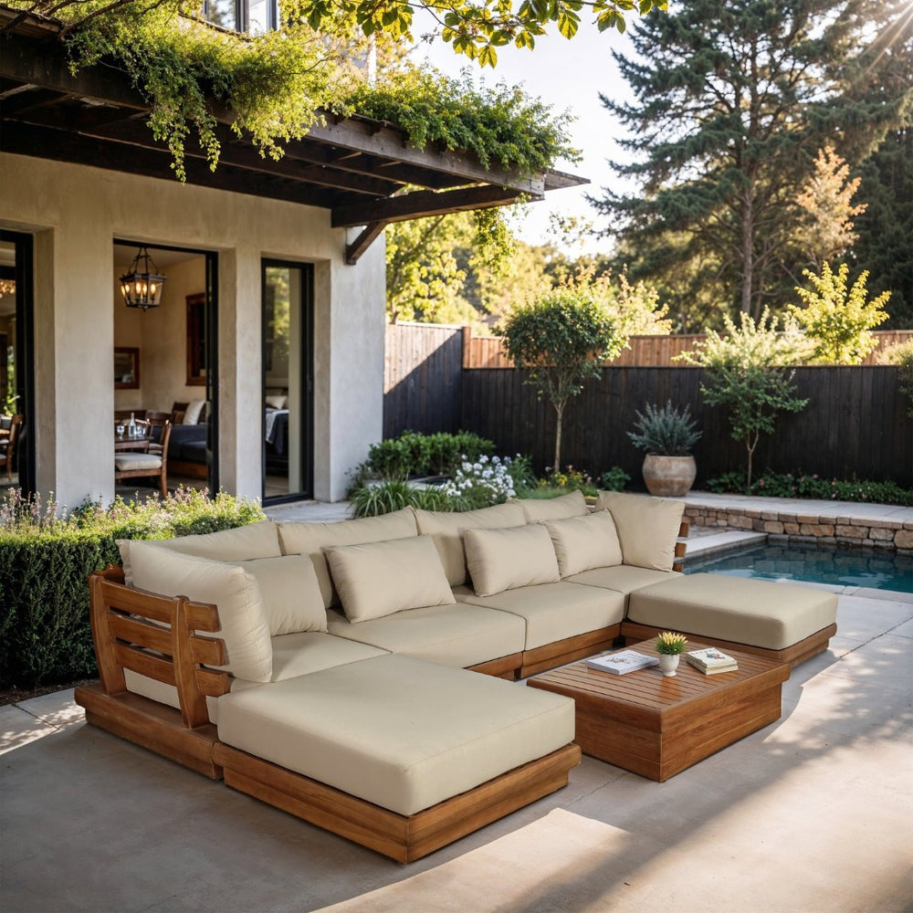 Meridian Furniture Mirella Six Piece Modular Outdoor Sectional with Solid Teak Frame and Plush Cushions 111Tan-Sec6B