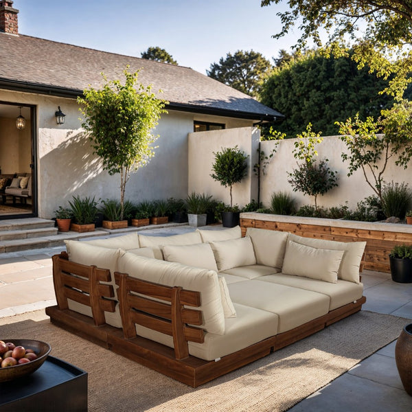 Meridian Furniture Mirella 6 Piece Teak Frame Modular Outdoor Sectional with Water Resistant Cushions 111Tan-Sec6C