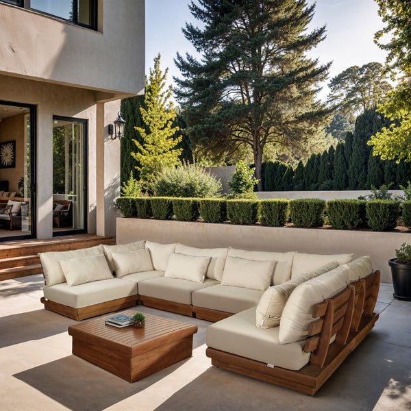 Meridian Furniture Mirella Six Piece Modular Outdoor Sectional Solid Teak Frame Weather Resistant Fabric 111Tan-Sec6D