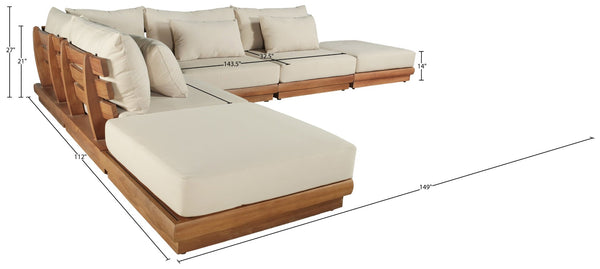 Meridian Furniture Mirella Six Piece Teak Modular Outdoor Sectional with Water Resistant Cushions 111Tan-Sec6E